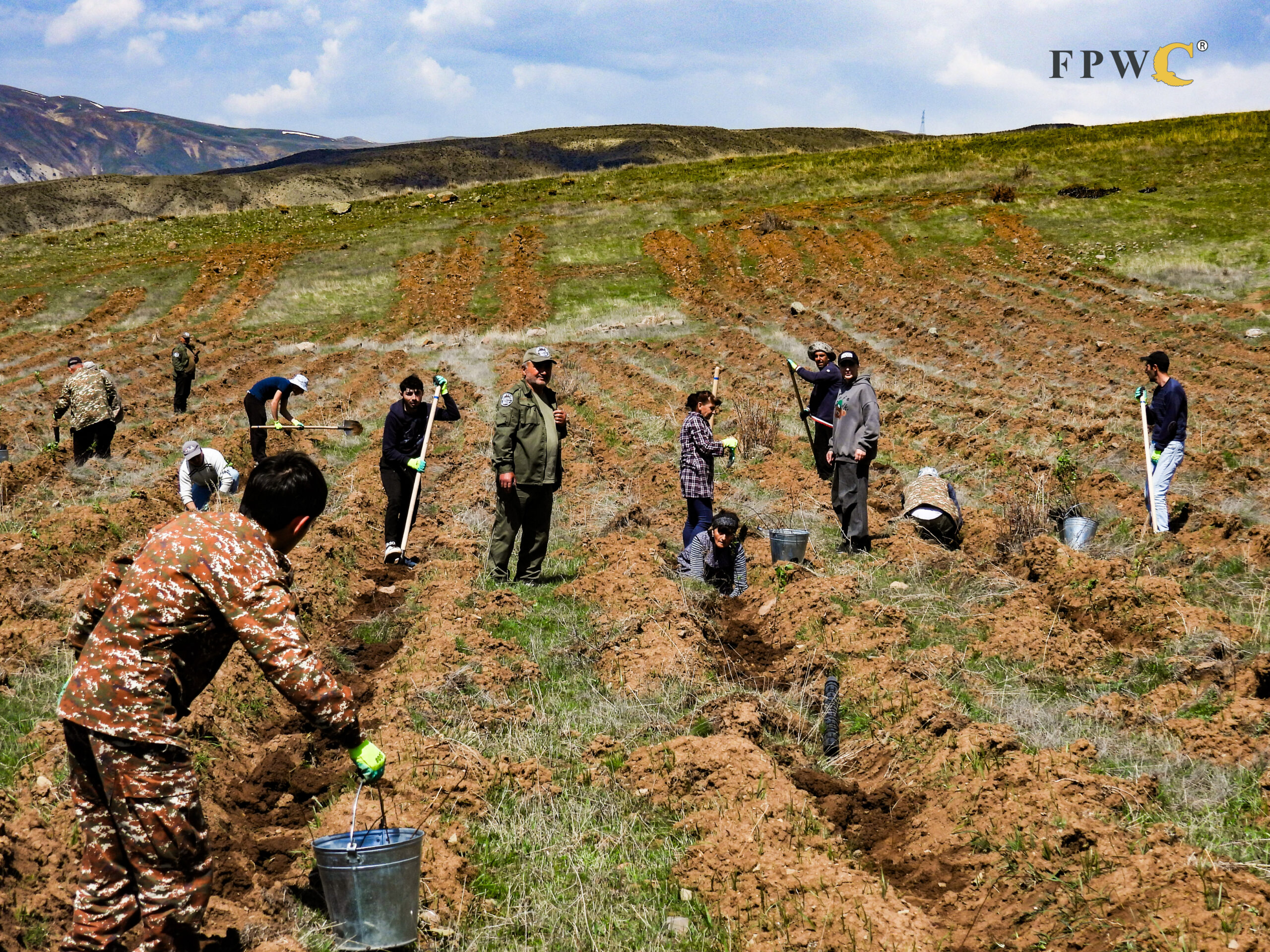 A group of community tree planters in Armenia's Caucasus Wildlife Refuge